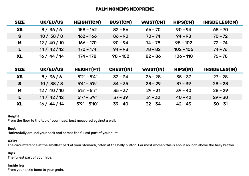 2025 Palm Womens Neoprene Womens Tabla de Tallas
